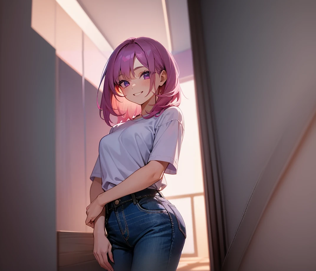 anime girl avec des cheveux roses et un jean bleu posant pour une photo, pose décontractée, 🤤 portrait de fille, Ilya Kuvshinov. 4k, style artistique anime moe, portrait complet du corps d'un court!, Ilya Kuvshinov landscape, visuel animé d'une jolie fille, épais, Ilya Kuvshinov style, style artistique anime de haute qualité, porter des vêtements décontractés