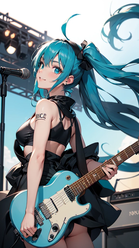 A masterpiece of a young woman, showcasing her unique style and musical talents. Outside on a beach stage, she stands confidently with one leg slightly raised, her electric guitar slung over her shoulder. Her striking features include piercing blue eyes, a twintail adorned with teal hair extensions, two piece black bikini that accentuates her toned physique, while headphones wrap around her neck, a symbol of her passion for music. As she plays the guitar, her long hair cascades down her back, a mesmerizing sight as she sings with conviction, smiling, full view portrait 