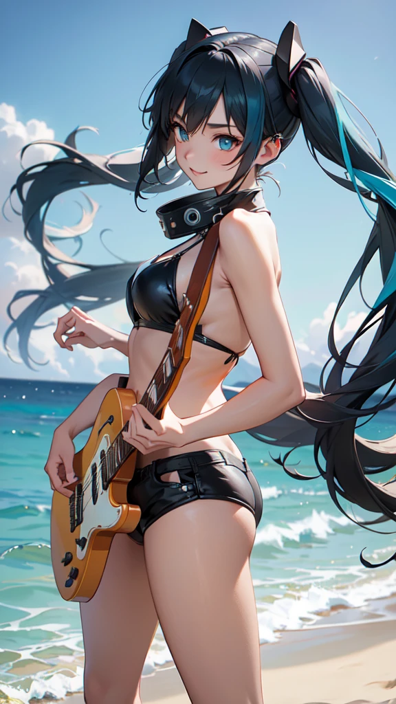 A masterpiece of a young woman, showcasing her unique style and musical talents. Outside on a beach stage, she stands confidently with one leg slightly raised, her electric guitar slung over her shoulder. Her striking features include piercing blue eyes, a twintail adorned with teal hair extensions, two piece black bikini that accentuates her toned physique, while headphones wrap around her neck, a symbol of her passion for music. As she plays the guitar, her long hair cascades down her back, a mesmerizing sight as she sings with conviction, smiling, full view portrait 