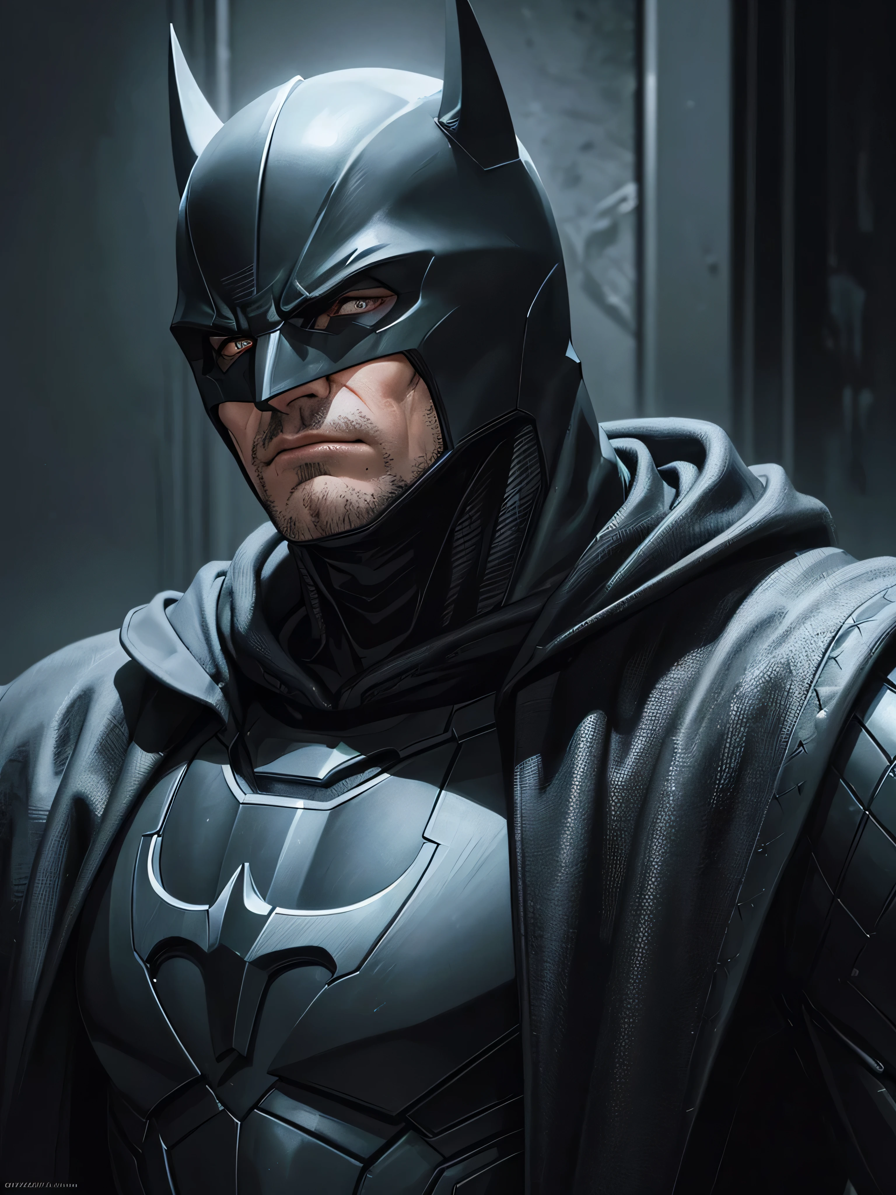 A detailed, highly realistic portrait of Batman, wearing a dark gray and black armored suit, cowl, and cape, with intense focus on his brooding expression, piercing eyes, and chiseled facial features, set against a dimly lit, moody Gotham City backdrop, dramatic shadows and highlights accentuating the character's stoic determination, a masterpiece of photorealistic quality, cinematic lighting, and dark, gritty atmosphere.