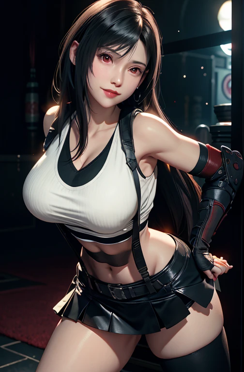 ,(((Full and soft breasts,)))(((巨Large target乳房))) (((Cleavage))) (Perfect curvy figure), Tifa Lockhart, Tifa_Lockhart,  Final Fantasy 7, sultry face, (White vest:1.5), Black latex miniskirt, (Black long hair), Bangs (Red Eyes:1.2) Long eyelashes, Surrealism, shadow, Stereogram, view, Atmospheric perspective, light, Ray Tracing, 8K, Super Detail, best quality, masterpiece, Very detailed,Combat gloves, Large Breasts, Slim, Large target ,cleveage，cleveage， 巨Large target , Open your legs, White Thong (Smile)