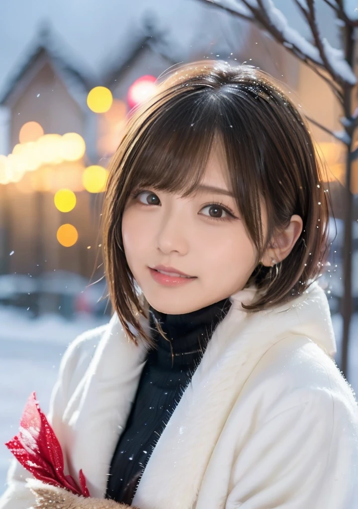 Holding a Shiba Inu、Hair blowing in the wind、Medium Short Hair、Fluffy scarf、Expressing the whiteness of one's breath、Photo from the waist up、Night city illumination shot、Cowgirl Shot、Fur coat、豪華なグレーのミンクのFur coat、Wear fine leather boots、Luxury Bags、Inner turtleneck、Silver necklace and small silver earrings Millionaire style:1.4))、Full body photo、smile、 Caustics、Highly detailed photos、Very beautiful woman 、Ample breasts、No makeup、(8K、RAW Photos、Highest quality、masterpiece:1.2)、(Realistic、Realistic)、1 Girl、((Medium Short Hair、Midwinter、Cold region Snow falling、The wind is blowing、Fluttering Hair、Blur the background、Colorful illuminations、Looking into the camera:1.4))、