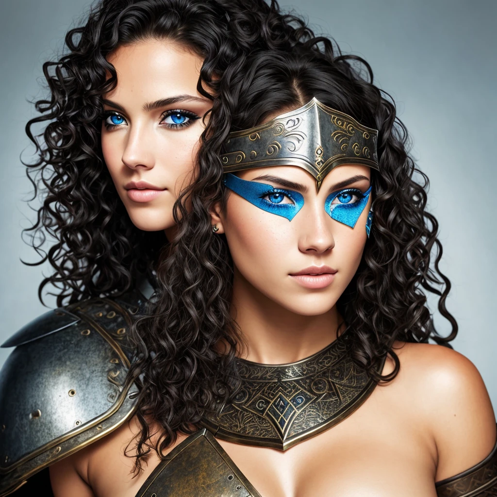 Portrait of woman wearing armor, sexy, black curly hair, tan skin, blue eyes, eyepatch over one eye, warrior, fantasy, pefect face, masterpiece,