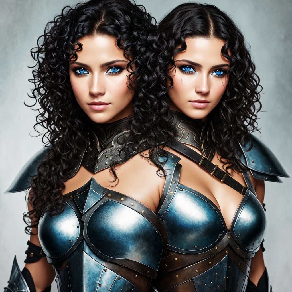 Portrait of woman wearing armor, sexy, black curly hair, tan skin, blue eyes, eyepatch over one eye, warrior, fantasy, pefect face, masterpiece,
