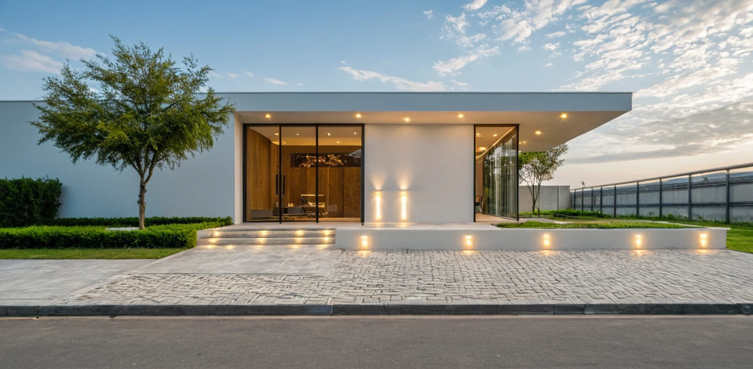 Masterpiece, high quality, best quality, authentic, super detail, outdoors, onestoreyvillaXL, aiaigroup, house style modern on the street ,stairs, white wall ,road,pavement, grass, trees, sky, cloud, (daylight:1.1)