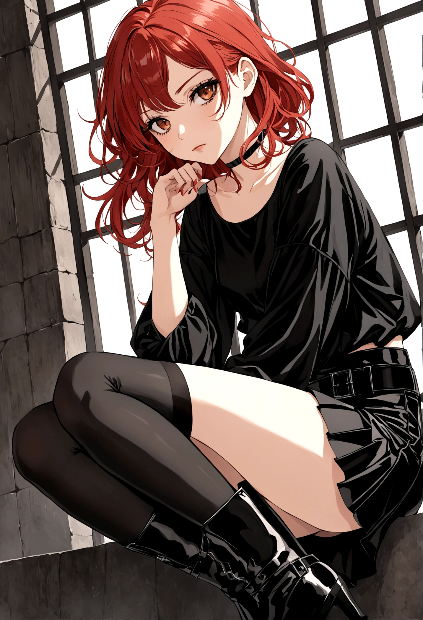anime style  girl with  reddish-red hair, brown eyes, fair skin, black eyeliner, with a black thin-strap blouse over a white T-shirt and a black skirt with transparent black tights and black boots