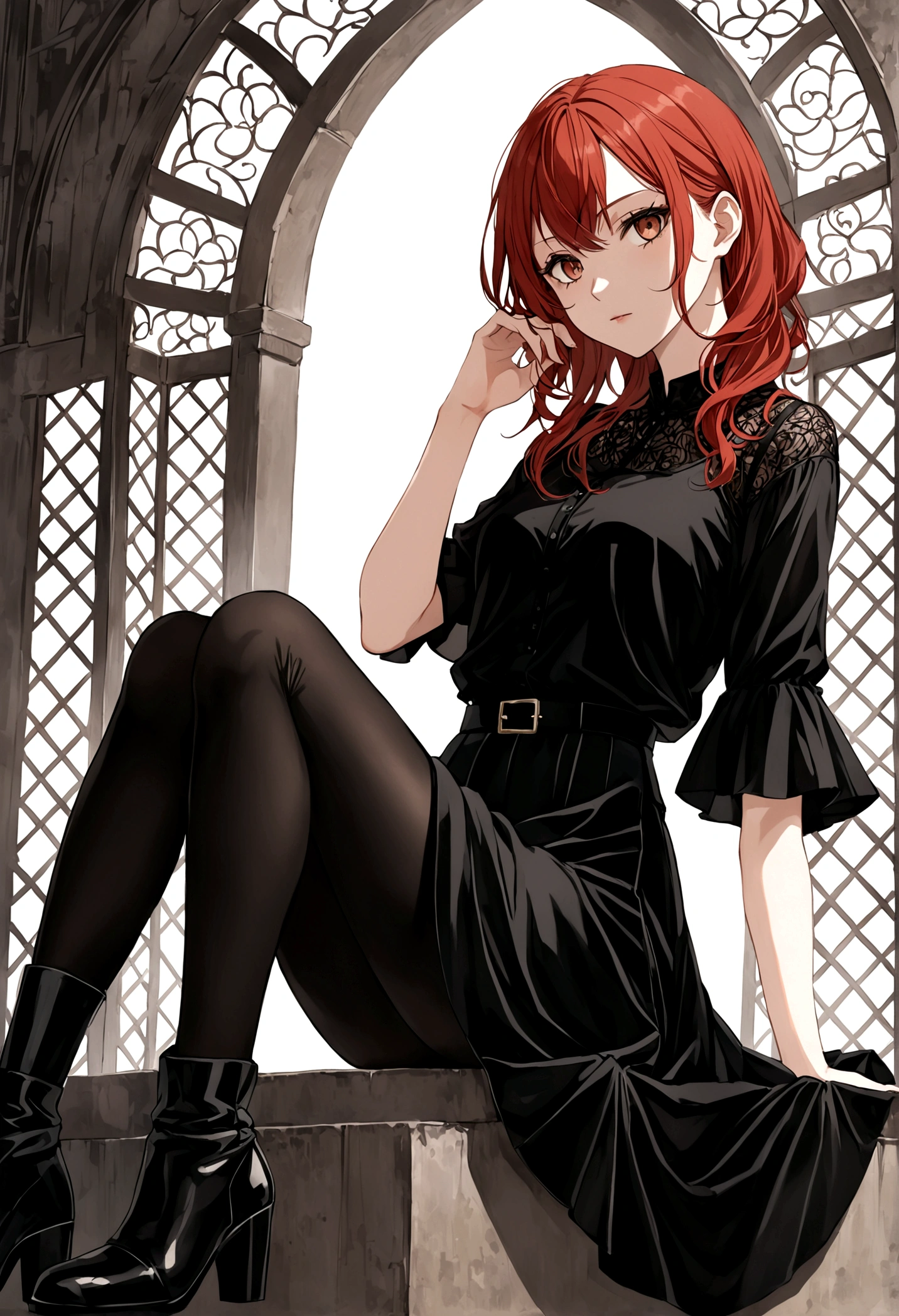 anime style girl with reddish-red hair, brown eyes, fair skin, black eyeliner, with a black thin-strap blouse over a white T-shirt and a black skirt with transparent black tights and black boots