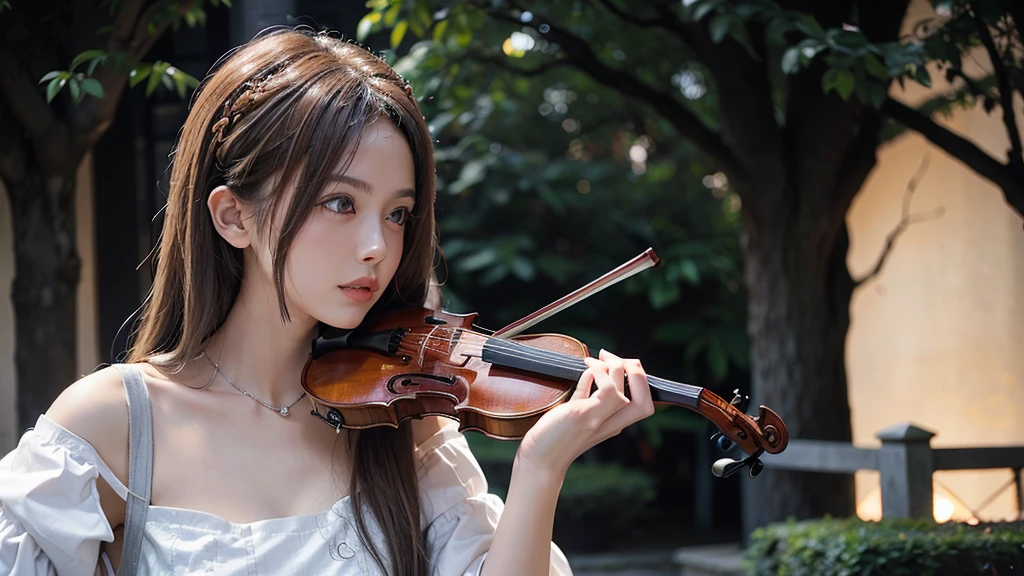 1girl, playing violin, 20 years old, long hair, fair skin, beautiful woman, rosian、white hair 、high quality,