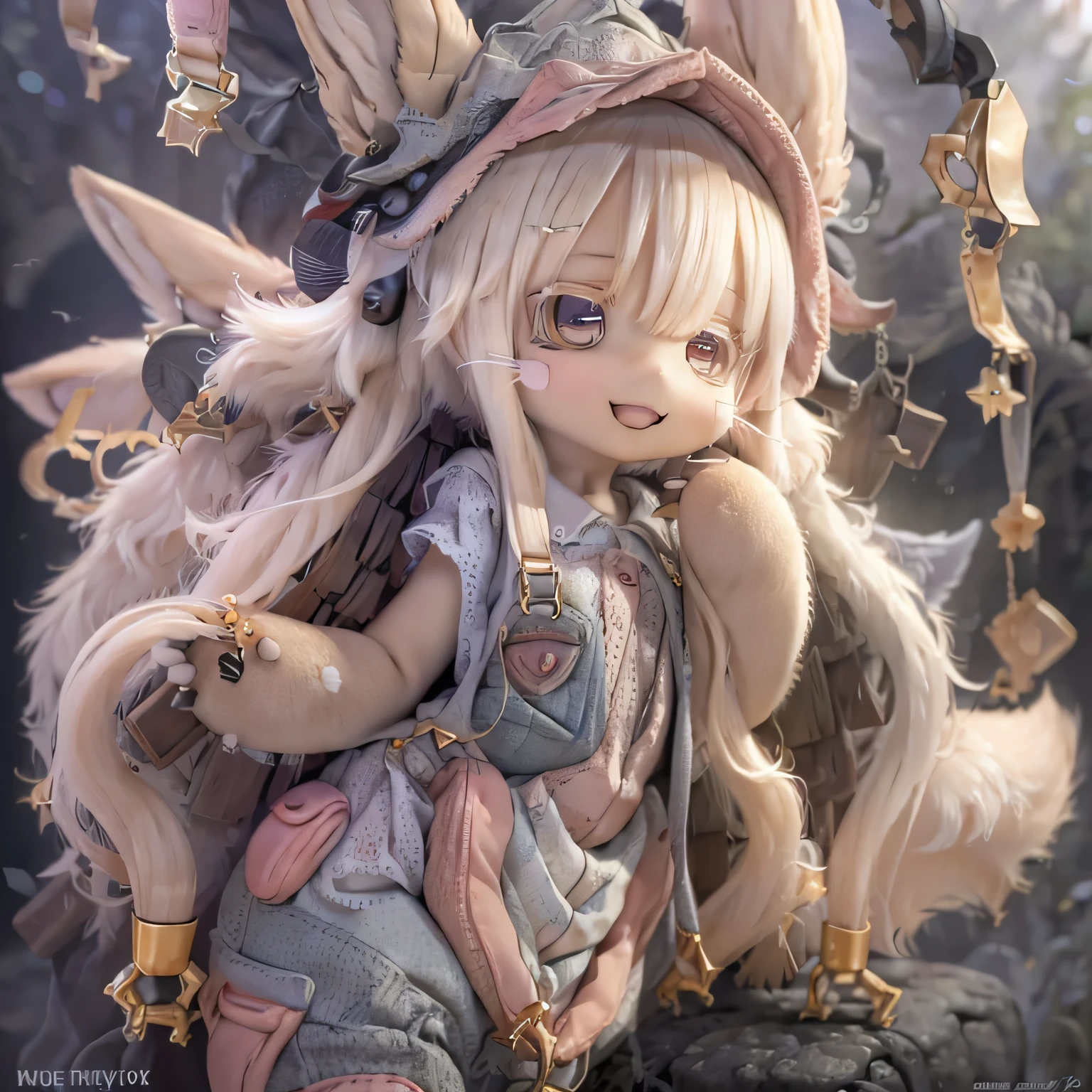 in the garden, Smiling girl, Similar to Nanachi from Made in Abyss. She is beautiful, Beautiful eyes and lips. girl (((Chibi Style,))) . Image quality is excellent, Highly detailed and realistic features. The medium of this work is、Combining illustration and photorealistic rendering.. The colors are vivid、The lighting creates a warm and bright atmosphere。Casual Full Body(((((Overalls)))))Contrast between exposed chest and abdomen