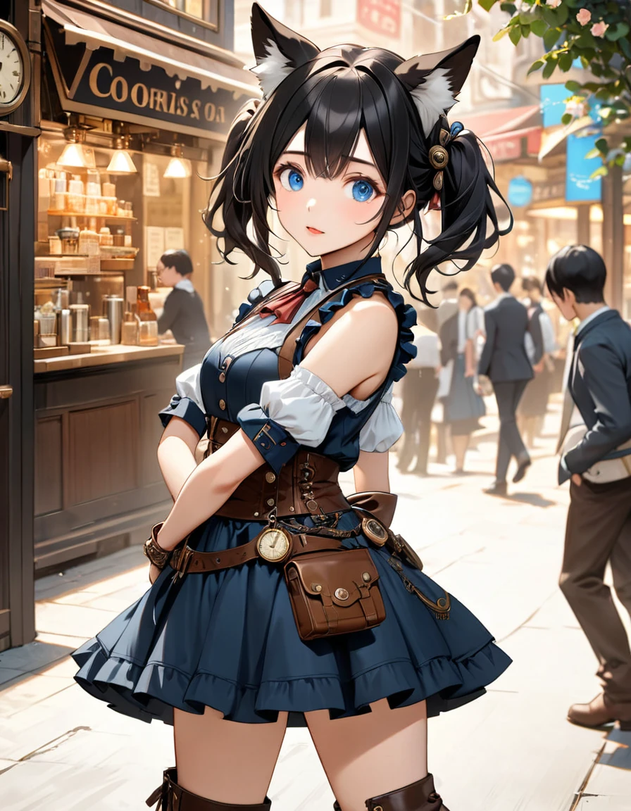 Highest quality, Highest quality, 16K, Unbelievably absurd, Very detailed, 2.5D, delicate and dynamic, Very delicate facial expressions, Delicate eye depiction, Upper body close-up, Only sexy women, Healthy body shape, 22-year-old woman,, Height: 170cm, Big companies go bankrupt, Black medium hair,Loose inward curls, Leather steampunk lolita outfit,Shorts,A skirt that is long only at the back,Long brown leather boots, Border collie ears growing,Blue eyes
