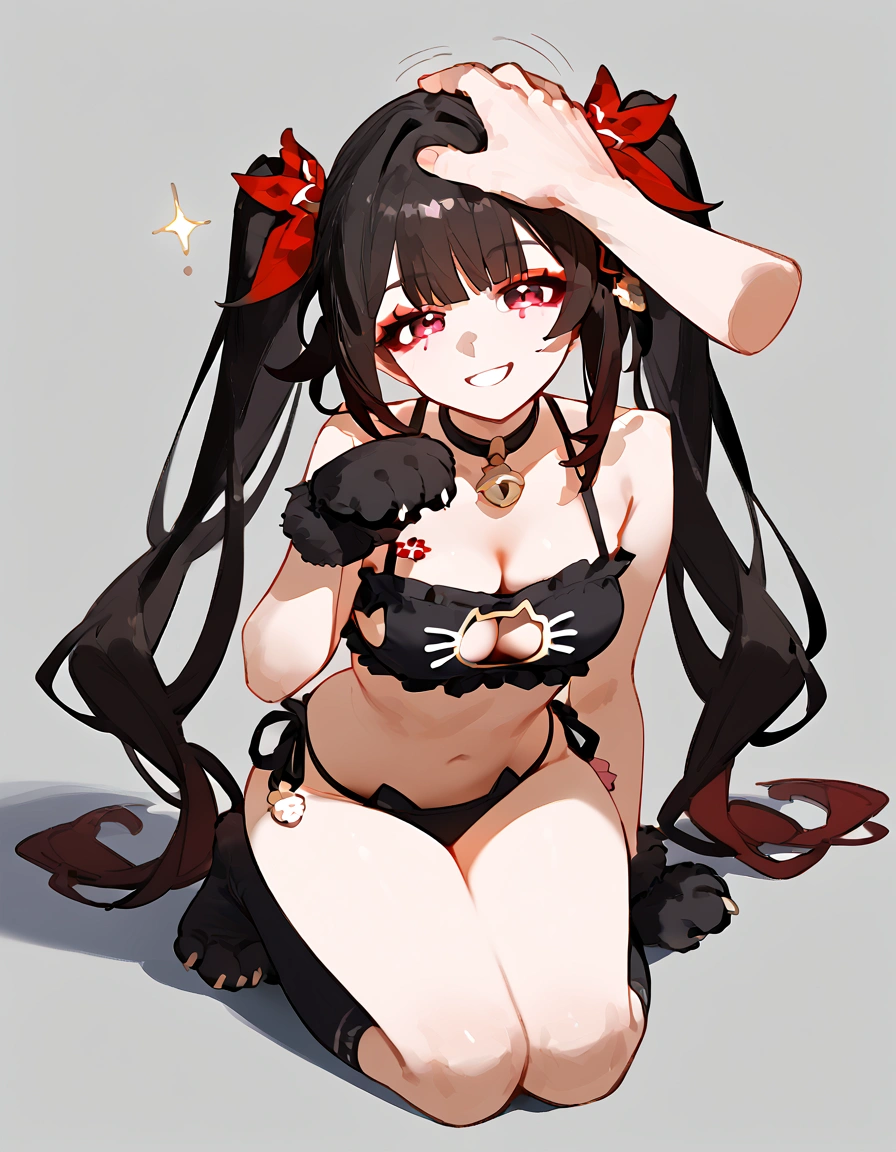 anime artwork, score_9, score_8_up, score_7_up, score_6_up, score_5_up, score_4_up,sparkle \(honkai: star rail\),1girl, twintails, black hair, medium breasts, red eyes, red eyeshadow, ,
, , , , she is 24 years old, , ,horny, , , , style_3, ,,, floox style, grey background,headpat,black cat lingerie, disembodied hand, petting, ,smile, paw gloves, paws, on knees, cat socks,naughty_face , paw pose
