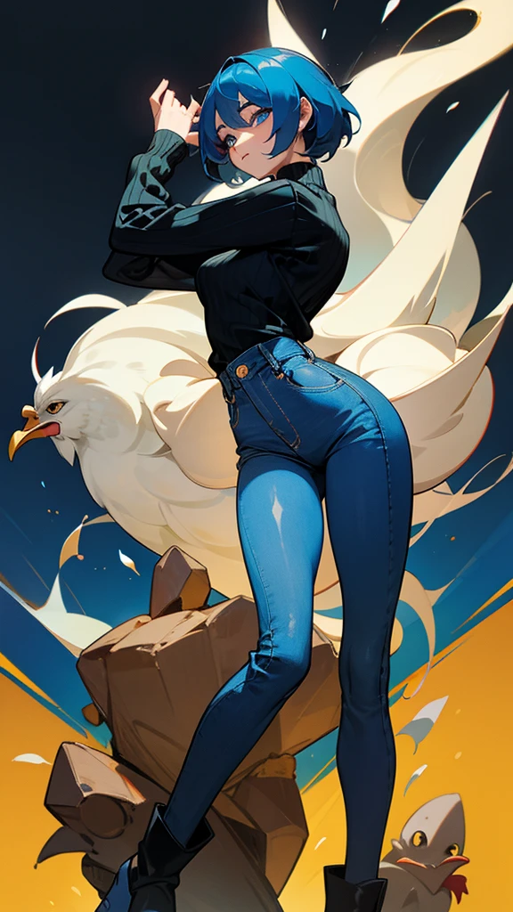 The chicken woman is a blue and black sweater, long jeans, and black boots.
