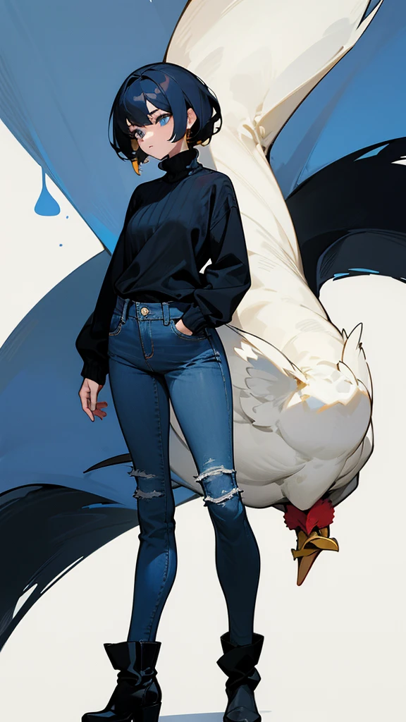 The chicken woman is a blue and black sweater, long jeans, and black boots.