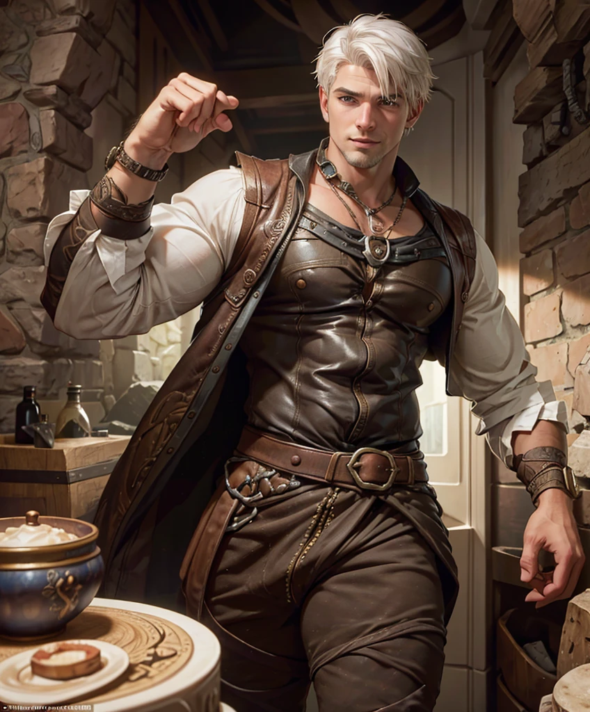 (((Luxurious white hair and sexy smirk.))) (((18 years old.))) (((18yo.))) (((Cute smirk.))) (((Single character image.))) (((1boy))) (((Looks like beefcake male fantasy character.))) Create an enchanting AI-generated image of a charismatic and irresistibly attractive man in a high fantasy realm. He should exude rugged, dashing charm that captures the attention of every onlooker, particularly the adoring gazes of countless women. This character must embody thrilling and exciting qualities, but his arrogance should be evident in his posture and expression.

His attire should be a dazzling blend of high fantasy aesthetics, revealing a captivating, rugged bravado style that mirrors his exciting personality. The outfit should scream individuality, telling a story of grand adventures and daring escapades.

The character's face should be a canvas of vivid expressions, showcasing his charisma, bravado, and the hint of mischief that makes him all the more alluring. His body should be sculpted to perfection, reflecting a sensual and seductive allure that sets him apart as the sexiest man in this mesmerizing world of high fantasy.

Capture the essence of a character who thrives on the thrill of the unknown, the exciti fantasy setting,fantasy art, dungeons & dragons, fantasy adventurer, fantasy NPC, attractive male in his mid 20's, ultra detailed, epic masterpiece, ultra detailed, intricate details, digital art, unreal engine, 8k, ultra HD, centered image award winning, fantasy art concept, digital art, centered image, flirting with viewer, best quality:1.0,hyperealistic:1.0,photorealistic:1.0,madly detailed CG unity 8k wallpaper:1.0,masterpiece:1.3,madly detailed photo:1.2, hyper-realistic lifelike texture:1.4, picture-perfect:1.0,8k, HQ,best quality:1.0,

 best quality:1.0,hyperealistic:1.0,photorealistic:1.0,madly detailed CG unity 8k wallpaper:1.0,masterpiece:1.3,madly detailed photo:1.2, hyper-realistic lifelike texture:1.4, picture-perfect:1.0,8k, HQ,best quality:1.0,


