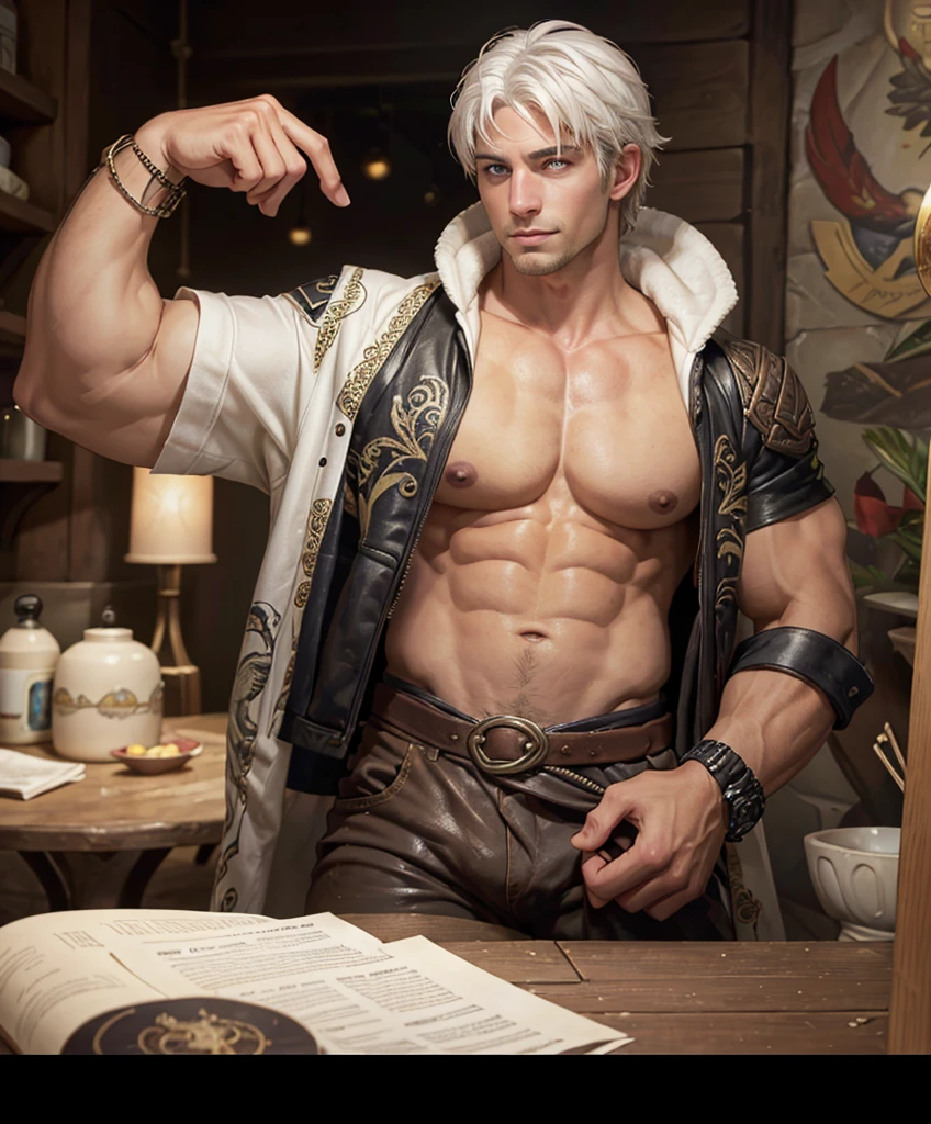 (((Luxurious white hair and sexy smirk.))) (((18 years old.))) (((18yo.))) (((Cute smirk.))) (((Single character image.))) (((1boy))) (((Looks like beefcake male fantasy character.))) Create an enchanting AI-generated image of a charismatic and irresistibly attractive man in a high fantasy realm. He should exude rugged, dashing charm that captures the attention of every onlooker, particularly the adoring gazes of countless women. This character must embody thrilling and exciting qualities, but his arrogance should be evident in his posture and expression.
His attire should be a dazzling blend of high fantasy aesthetics, revealing a captivating, rugged bravado style that mirrors his exciting personality. The outfit should scream individuality, telling a story of grand adventures and daring escapades.
The character's face should be a canvas of vivid expressions, showcasing his charisma, bravado, and the hint of mischief that makes him all the more alluring. His body should be sculpted to perfection, reflecting a sensual and seductive allure that sets him apart as the sexiest man in this mesmerizing world of high fantasy.
Capture the essence of a character who thrives on the thrill of the unknown, the exciti fantasy setting,fantasy art, dungeons & dragons, fantasy adventurer, fantasy NPC, attractive male in his mid 20's, ultra detailed, epic masterpiece, ultra detailed, intricate details, digital art, unreal engine, 8k, ultra HD, centered image award winning, fantasy art concept, digital art, centered image, flirting with viewer, best quality:1.0,hyperealistic:1.0,photorealistic:1.0,madly detailed CG unity 8k wallpaper:1.0,masterpiece:1.3,madly detailed photo:1.2, hyper-realistic lifelike texture:1.4, picture-perfect:1.0,8k, HQ,best quality:1.0,
best quality:1.0,hyperealistic:1.0,photorealistic:1.0,madly detailed CG unity 8k wallpaper:1.0,masterpiece:1.3,madly detailed photo:1.2, hyper-realistic lifelike texture:1.4, picture-perfect:1.0,8k, HQ,best quality:1.0,