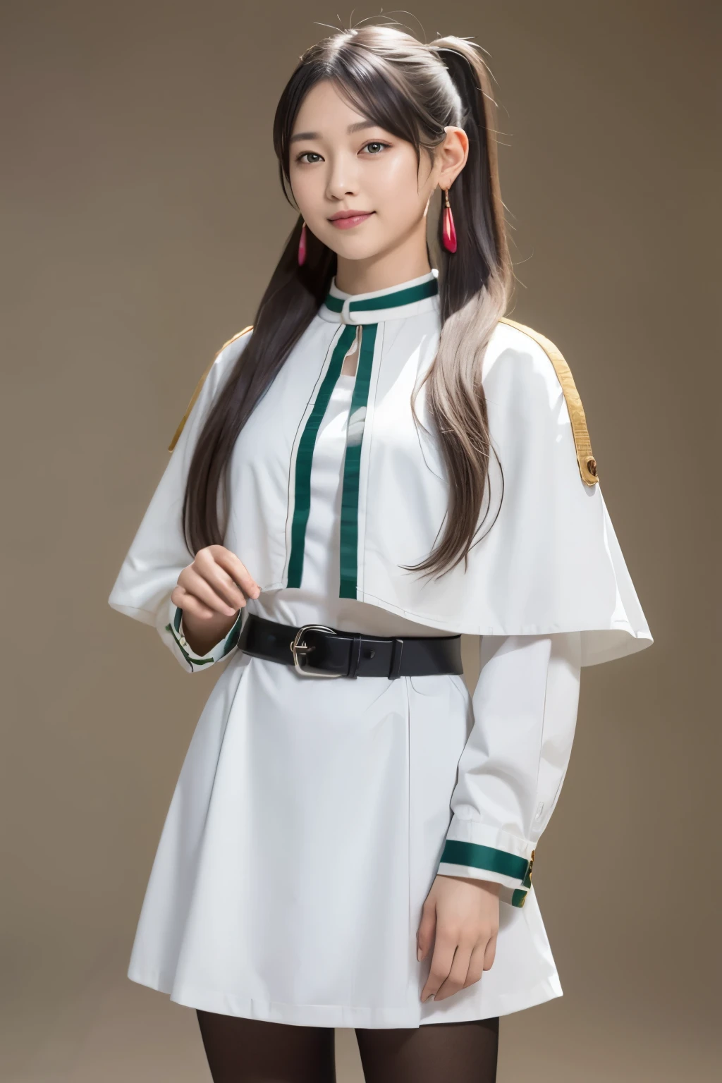 (masterpiece), Highest quality, High resolution, Very detailed, Perfect lighting,  
thank you, Long Hair, Gray Hair, Twin tails, Pointed Ears, Earrings, Green Eyes, Thick eyebrows, White capelet, Striped shirt, Long sleeve, belt, White Skirt, Black Pantyhose , Cowboy Shot,smile, 
(Put your hands behind your back:1.1),