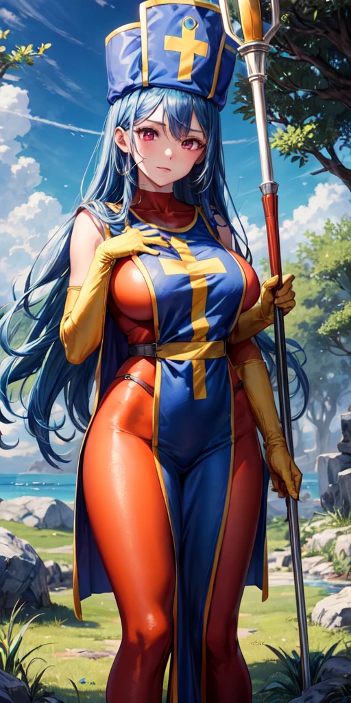 (masterpiece, best quality:1.1), priest \(dq3\), 1girl, solo, long hair, blue hair, red eyes, mitre, tabard, cross print, orange bodysuit, elbow gloves, large breasts, holding, staff, nature, blue sky 