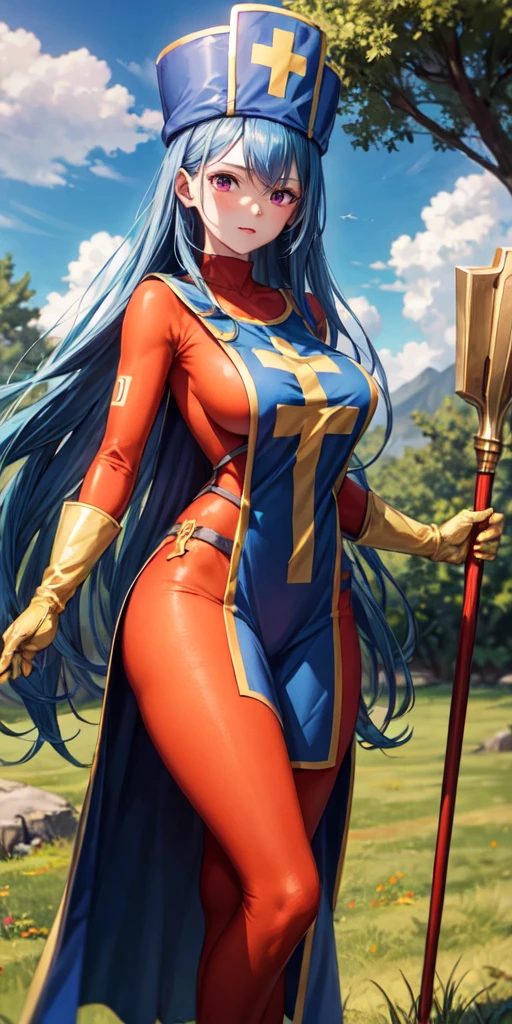 (masterpiece, best quality:1.1), priest \(dq3\), 1girl, solo, long hair, blue hair, red eyes, mitre, tabard, cross print, orange bodysuit, elbow gloves, large breasts, holding, staff, nature, blue sky 