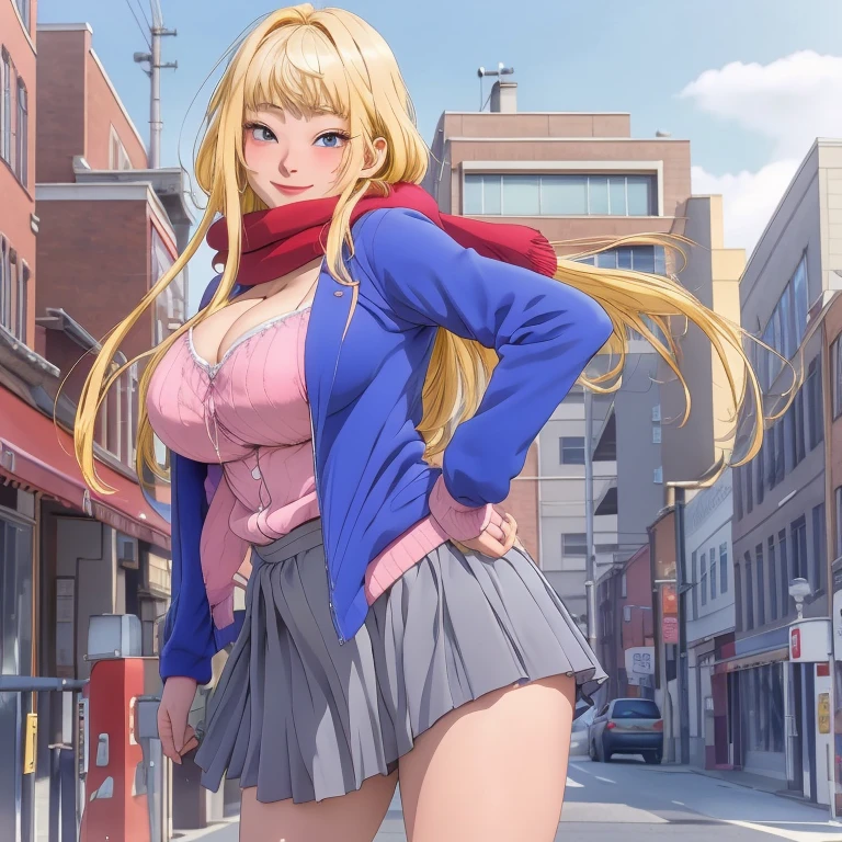 ,(((Full and soft breasts,)))(((Huge breasts))) (((Cleavage))) (Perfect curvy figure), 1 girl, Solitary, Minami Fuyuki, Ahog, Solitary, Blonde hair, Looking at the audience, Smile, Pink cardigan, Neckline, Blue Jacket, Cardigan jacket, red scarf, Pleated Skirt, Gray skirt, City background, street, garden, Hands on Hips, Sky, Dynamic poses, Hands on hips dynamic angle, Large Breasts, Medium waistline, Wide hips, Thigh width, (high resolution: 1.2), (Extremely detailed: 1.2), [High dynamic range lighting], (masterpiece: 1.3), (best quality), high quality, Intricate details, (Extremely detailed CG unity 8k wallpaper: 1.2), The best shadow, (Extremely detailed fine touch: 1.2), (high resolution), (8K), (Extremely detailed), Looking at the audience, look back, From the back, Focus on the butt, Throw (From below) ,(4K), (Pixif), Perfect face, Beautiful eyes and face, (Very detailed), Detailed face and eyes, Textured Skin, absurd, high resolution, Deep skin, Skin Indentation, Excellent hands, Excellent anatomy