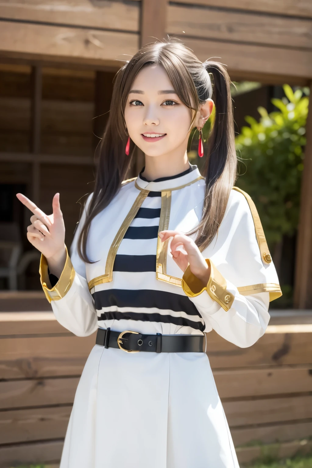 (masterpiece), Highest quality, High resolution, Very detailed, Perfect lighting,
thank you, Long Hair, Gray Hair, Twin tails, Pointed Ears, Earrings, Green Eyes, Thick eyebrows, White capelet, Striped shirt, Long sleeve, belt, White Skirt, Black Pantyhose , Cowboy Shot,smile,
(Put your hands behind your back:1.1),