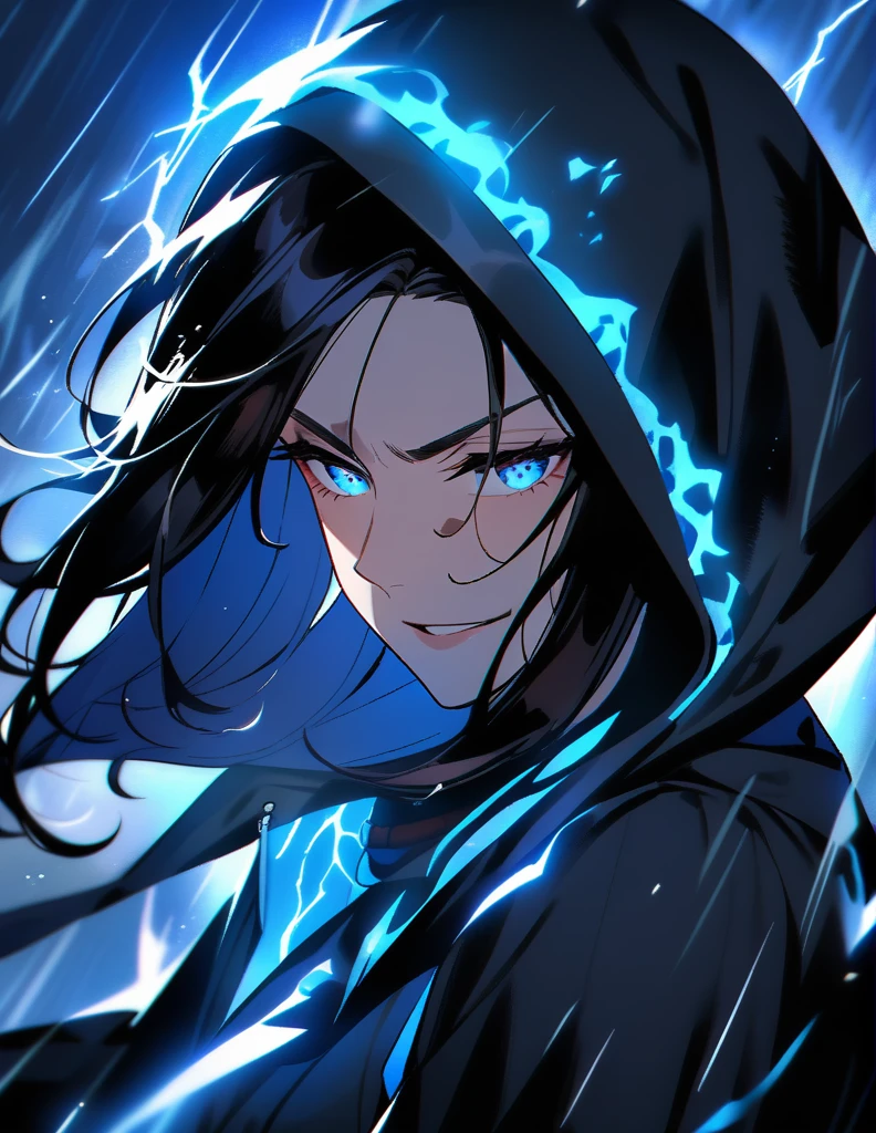 Mysterious Greek milf woman, wearing hoods in a long black tunic, short black hair, with luminous blue eyes,
with his face covered leaving only his malicious smile, on a rainy night of storm and lightning, using powers of dark magic