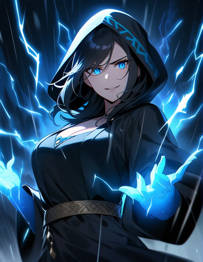 Mysterious Greek milf woman, wearing hoods in a long black tunic, short black hair, with luminous blue eyes,
with his face covered leaving only his malicious smile, on a rainy night of storm and lightning, using powers of dark magic