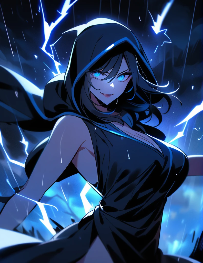 Mysterious Greek milf woman, wearing hoods in a long black tunic, short black hair, with luminous blue eyes,
with his face covered leaving only his malicious smile, on a rainy night of storm and lightning, using powers of dark magic