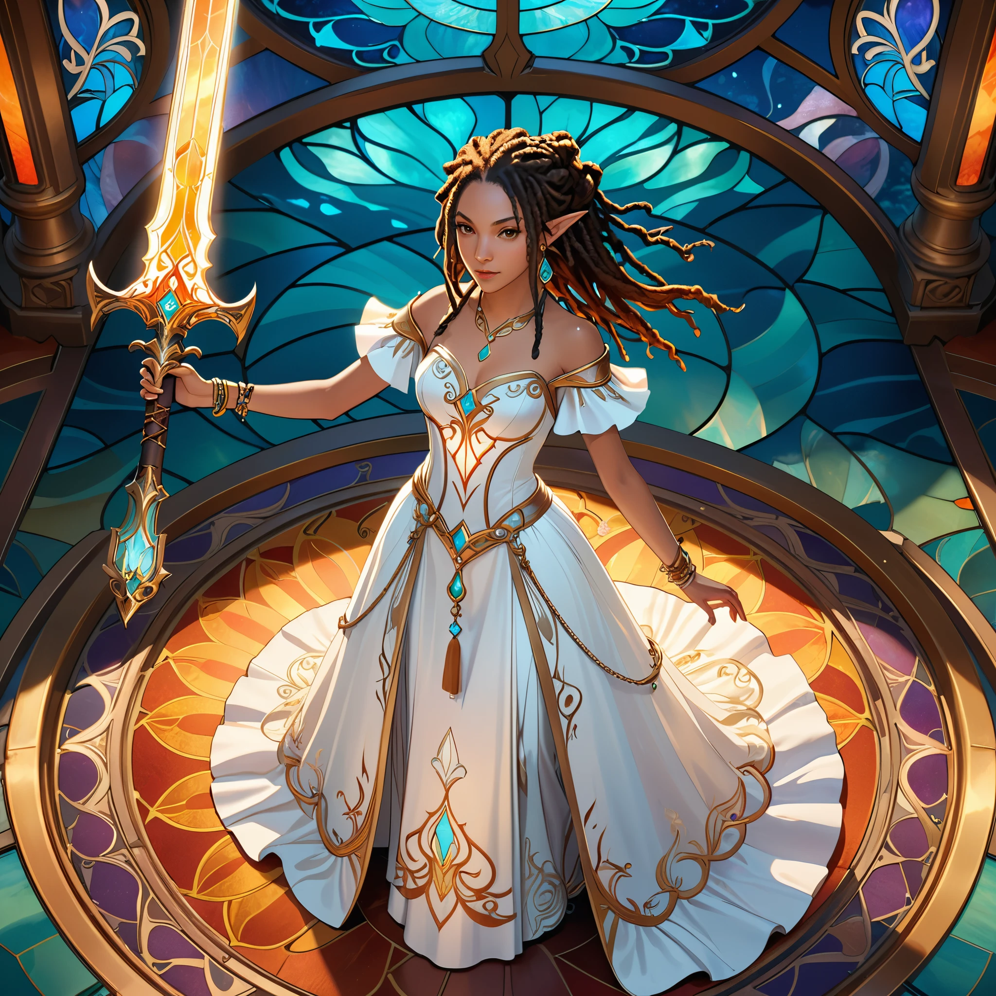 (((Overhead View:1.5))),full body, telephoto lens, abstract background, masterpiece, best quality, official art, extremely detailed CG unity 8k wallpaper, highly detailed, female, elf, hair over shoulder, dreadlocks, ribbon, bracelet, drop earrings, jewelry, wedding dress, holding (((((glowing greatsword)))), theater, stain glass, genshin impact, illustration, ((art nouveau)),(Posing dynamic action:1.4),