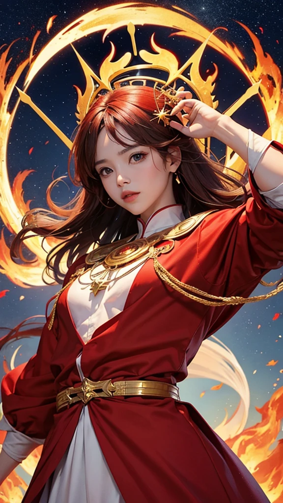 Libra God、Beauty、The background is the star of Libra、Wrapped in scorching flames、Bright red clothes、the sky is a