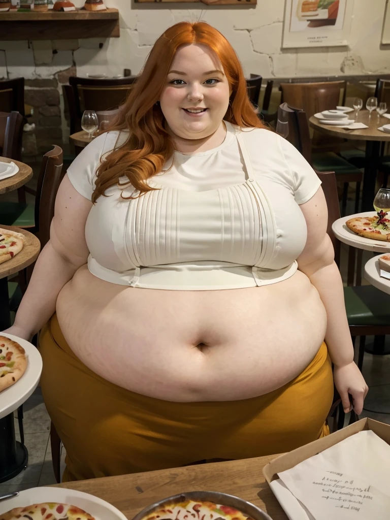 A happy/excited detailed photo of a Beautiful ginger architect SSBBW, with long wavy ginger hair, with big soft fat belly, in a cute top, sitting at a table in a beautiful authentic italian restaurant, there is a huge pizza ahead of her, she is sitting on a chair behind a table and pizza