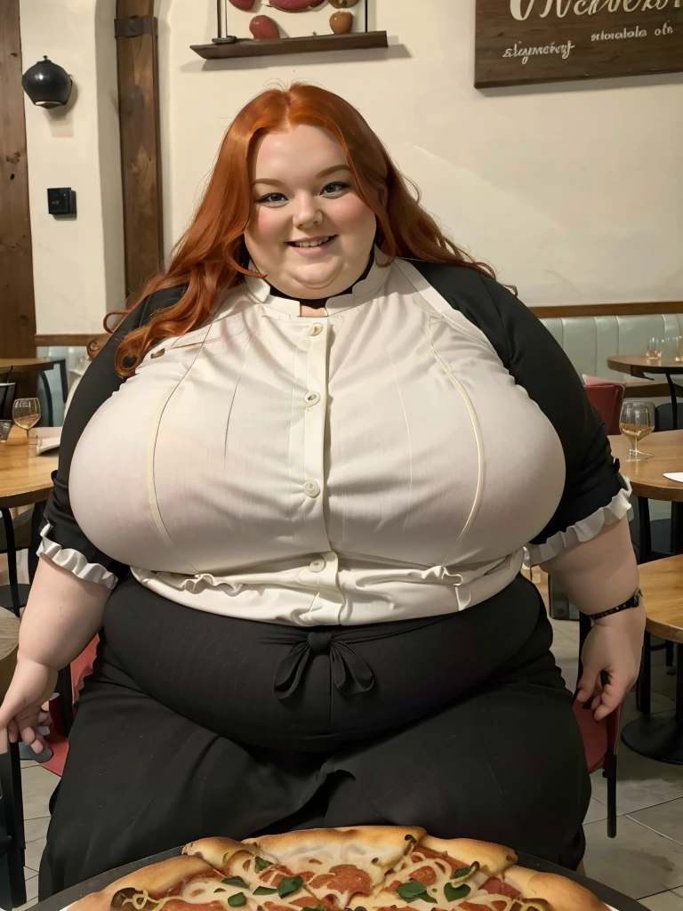 A happy/excited detailed photo of a Beautiful ginger architect SSBBW, with long wavy ginger hair, with big soft fat belly, in a cute top, sitting at a table in a beautiful authentic italian restaurant, there is a huge pizza ahead of her, she is sitting on a chair behind a table and pizza