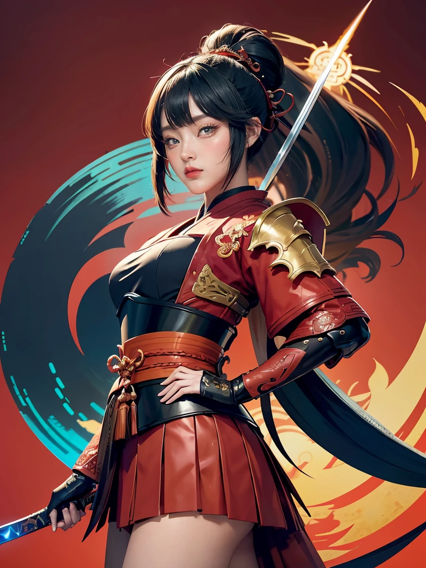girl with sword and armor standing in front of a red background, onmyoji detailed art, ayaka genshin impact, onmyoji, ayaka game genshin impact, keqing from genshin impact, irelia, zhongli from genshin impact, extremely detailed artgerm, onmyoji portrait, black - haired mage, blue electro eyes