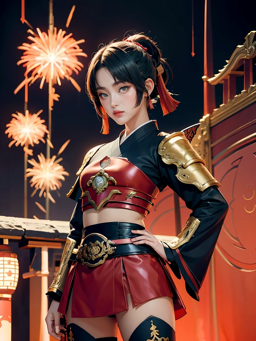 girl with sword and armor standing in front of a red background, onmyoji detailed art, ayaka genshin impact, onmyoji, ayaka game genshin impact, keqing from genshin impact, irelia, zhongli from genshin impact, extremely detailed artgerm, onmyoji portrait, black - haired mage, blue electro eyes