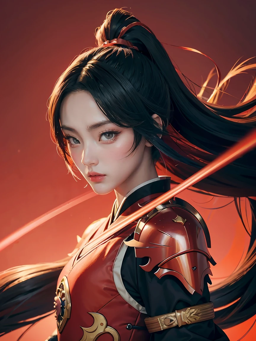 girl with sword and armor standing in front of a red background, onmyoji detailed art, ayaka genshin impact, onmyoji, ayaka game genshin impact, keqing from genshin impact, irelia, zhongli from genshin impact, extremely detailed artgerm, onmyoji portrait, black - haired mage, blue electro eyes