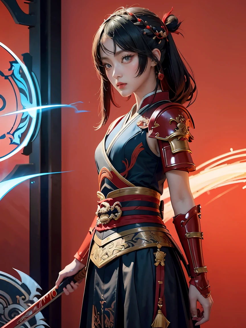 girl with sword and armor standing in front of a red background, onmyoji detailed art, ayaka genshin impact, onmyoji, ayaka game genshin impact, keqing from genshin impact, irelia, zhongli from genshin impact, extremely detailed artgerm, onmyoji portrait, black - haired mage, blue electro eyes