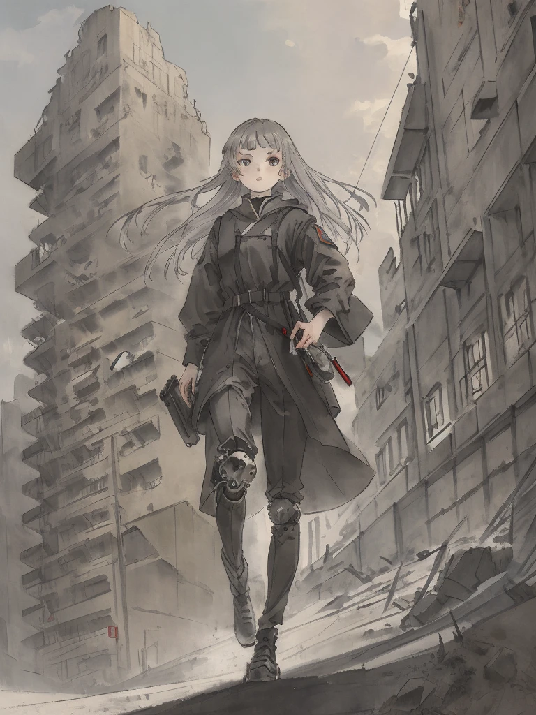 Masterpiece, Highest quality, Low Contrast((must))A Russian girl in her early 20s with ash grey hair, Head to toe full body, Fully equipped with mechanical protectors, In the ruins, The face is dense((must))
