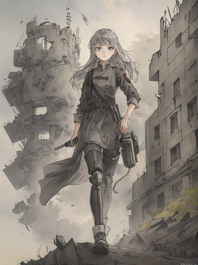 Masterpiece, Highest quality, Low Contrast((must))A Russian girl in her early 20s with ash grey hair, Head to toe full body, Fully equipped with mechanical protectors, In the ruins, The face is dense((must))