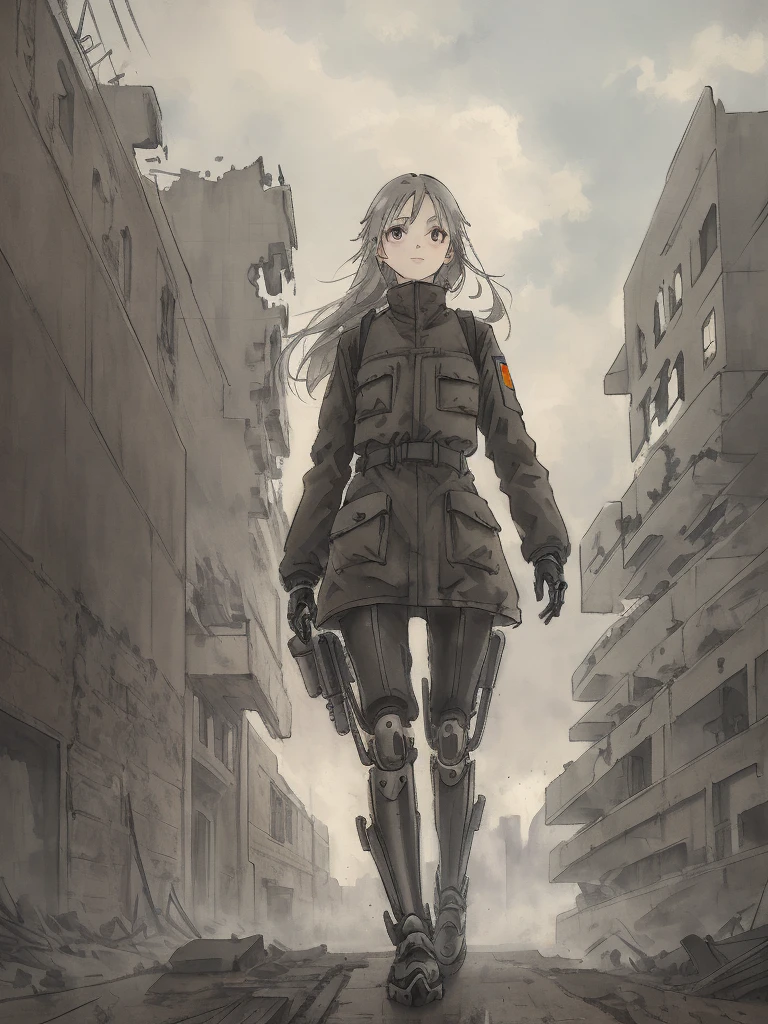 Masterpiece, Highest quality, Low Contrast((must))A Russian girl in her early 20s with ash grey hair, Head to toe full body, Fully equipped with mechanical protectors, In the ruins, The face is dense((must))