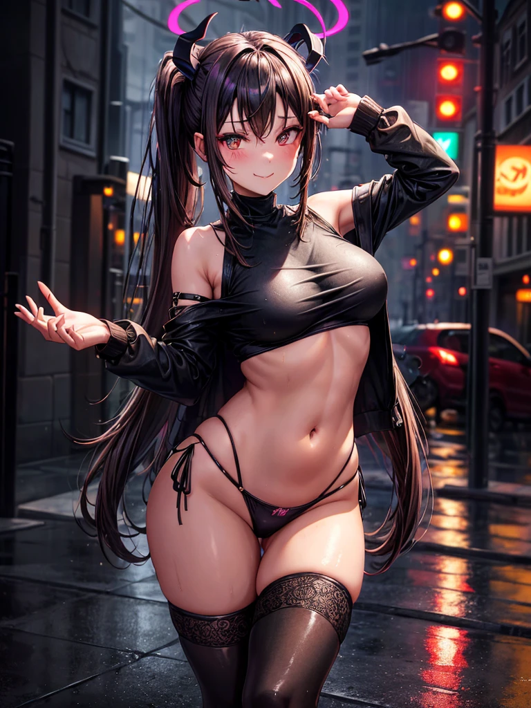 cute, girl, brown hair, ponytail, seductive smile, black thong, cloudy, street, city street, dark, rain, raining, wet, drenched, fallen angel, black halo, black wings, succubus, whore, slut, sexy, hot, skinny, halo, black halo, halo, demon horns, horns, flying, levitating, black crop top, thong, thin thong, large breasts,