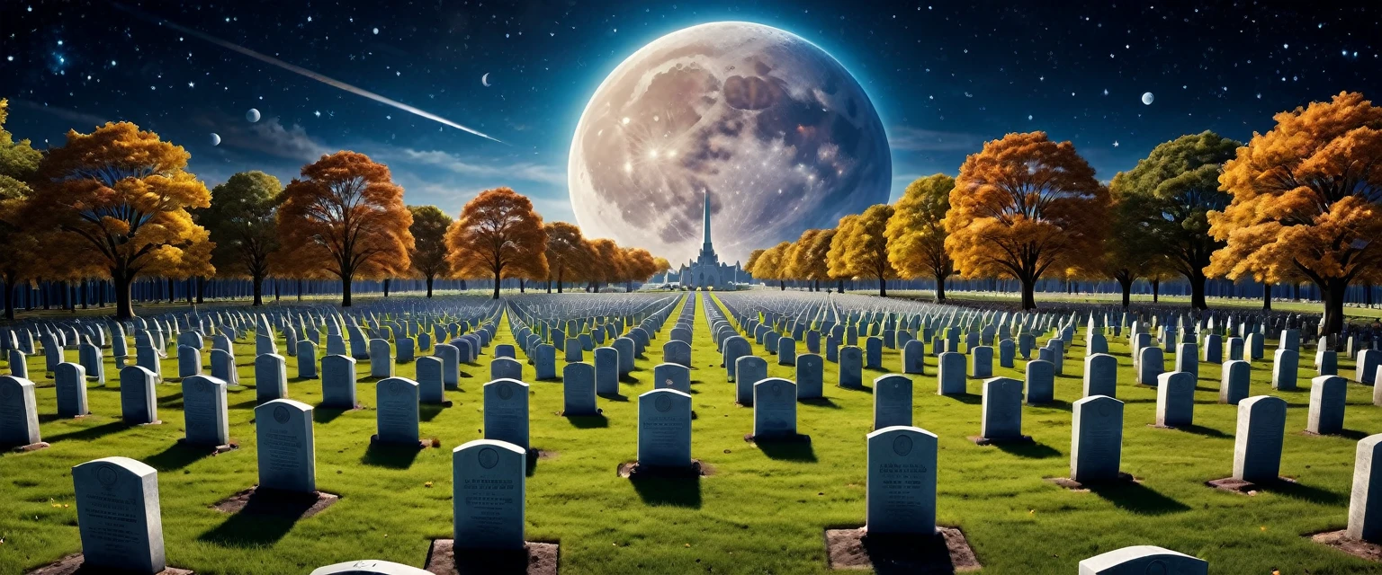 there is  a military graveyard built on the moon, many tombstones in rows (tombstones are identical in shape and color) and lines, (there is 1flag being raised: 1.4),  in honor of the fallen. the graveyard is based on the moon, you can see the earth in the background and some stars in space, vibrant, Ultra-high resolution, High Contrast, (masterpiece:1.5), highest quality, Best aesthetics), best details, best quality, highres, ultra wide angle, 16k, [ultra detailed], masterpiece, best quality, (extremely detailed)