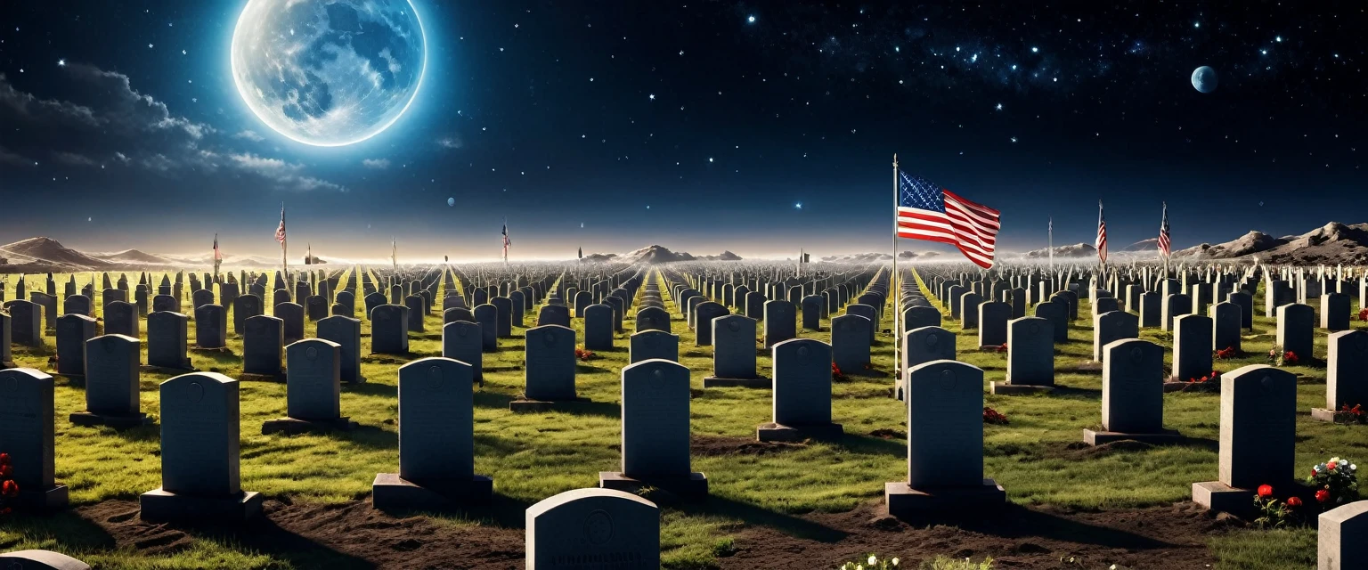 there is  a military graveyard built on the moon, many tombstones in rows (tombstones are identical in shape and color) and lines, (there is 1flag being raised: 1.4),  in honor of the fallen. the graveyard is based on the moon, you can see the earth in the background and some stars in space, vibrant, Ultra-high resolution, High Contrast, (masterpiece:1.5), highest quality, Best aesthetics), best details, best quality, highres, ultra wide angle, 16k, [ultra detailed], masterpiece, best quality, (extremely detailed)