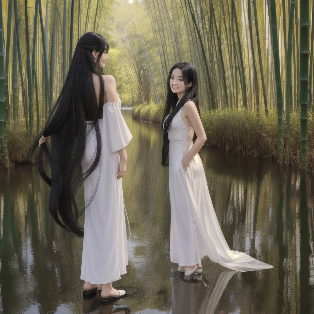 masterpiece, Highest quality, Official Art, 8k wallpaper, Very detailed, figure, 1 Girl, Black Hair、Long Hair, Fine grain, Forrest Gump, Bare shoulders, Hanfu, lake, Pure, A kind smile, bamboo, tea、Butt