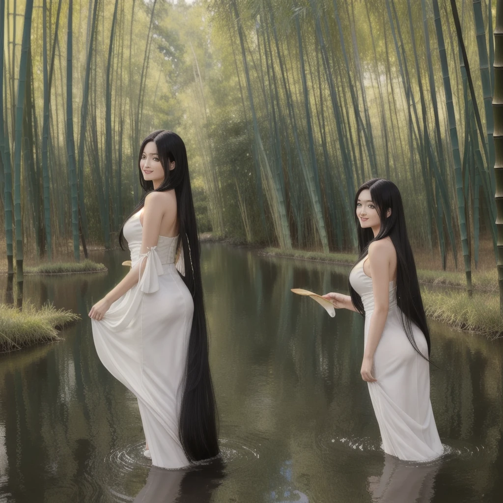 masterpiece, Highest quality, Official Art, 8k wallpaper, Very detailed, figure, 1 Girl, Black Hair、Long Hair, Fine grain, Forrest Gump, Bare shoulders, Hanfu, lake, Pure, A kind smile, bamboo, tea、Butt