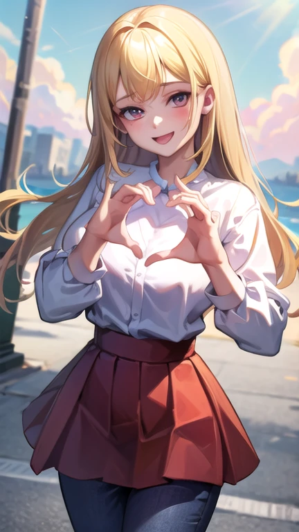 (masutepiece, Best Quality, hight resolution, nffsw, Perfect Pixel, depth of fields, 4K), Beautiful anime girl, Perfect body ,,, kitagawa marin sb, long hair, blonde hair, red eyes, multicolored hair, earrings, school uniform, choker, white shirt, pleated skirt, blue skirt , ,, (heart hands:1.2), flower garden, many flower , smile , open mouth, outdoor,
