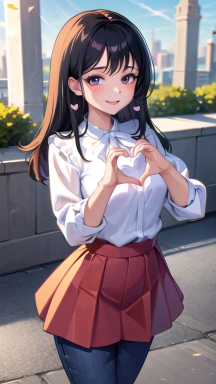 (Heart Hands, with own hands:1), girl, blouse, smile, Happy, Jeggings