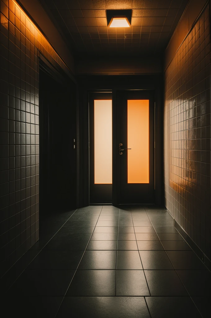 Very dark room with tile floor and a box grid in the middle of the room, the box is open from the front and inside there are two small lights and orange smoke coming out of the box