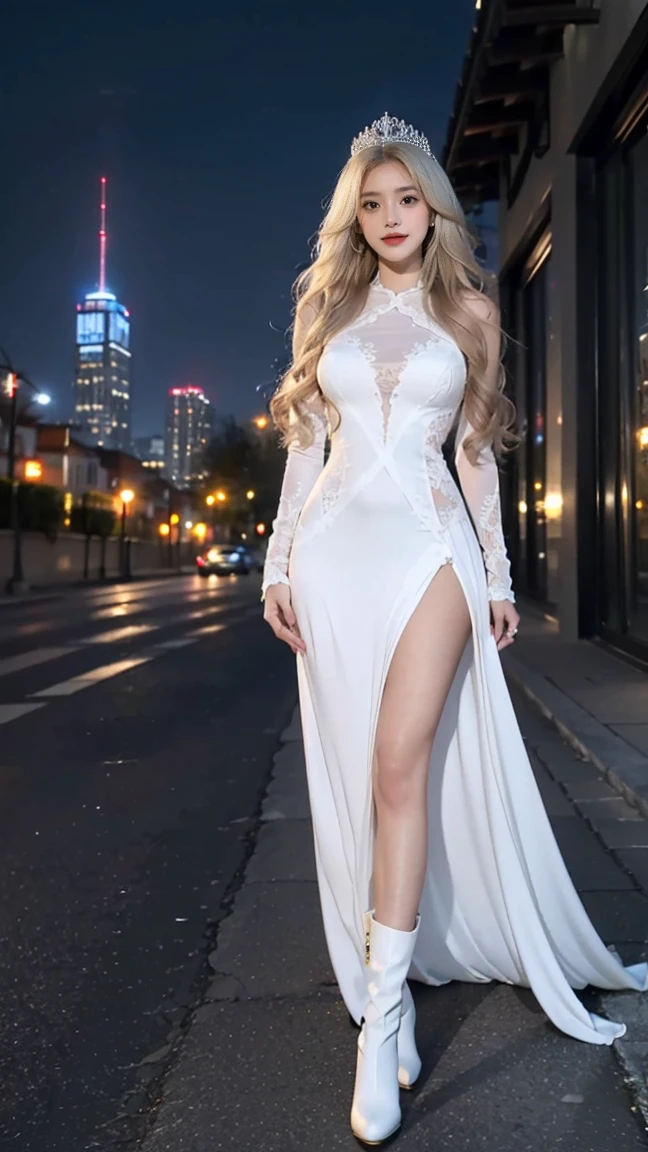 Full-body shot，Standing，HD，masterpiece，very high, Slender woman，White long hair，White hair，Extra long curly hair，Extra long curly hair falls to the ground，extremely long hair，Delicate face，Moisturizing red lips，Extremely tall，Amazing body proportions，Broad shoulders，Extra Large ，Slim waist，Wide hips，The buttocks are unusually huge，Incredibly exaggerated and leggy，Extra long thick legs，The legs are very long，Gorgeous crystal crown，Full body clothing，Gorgeous princess dress，White，White platform ankle boots，Smile，Real People，City roofs，roof，night，CG Rendering，16K，looking at camera，The night view is beautiful，Ultra HD，Perfect details，The pictures are real，Ultimate image quality，highest accuracy，8K resolution，Dark Shadows，8K, Yes ,Ultra HD,8K，full-body shot。