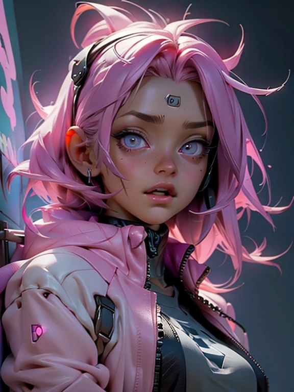 woman in a pink jacket holding a cube with a glowing face, transhumanist cyberpunk cube, (cyberpunk) pink hair 1 girl, highly detailed eyes, open mouth.
