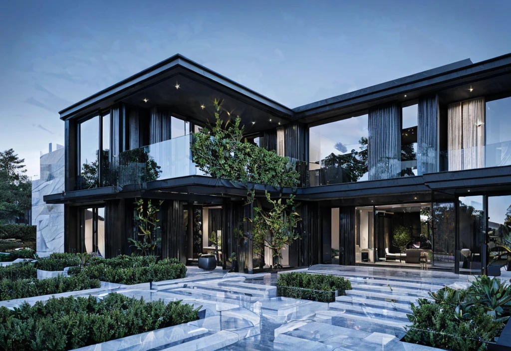 3D render of a beautiful house, Dark, gray tones, white wall. lumion render, night time render, insanely detailed rendering, realistic architecture, architectural visualization. The house is adorned with elegant lighting and plants to enhance its exterior appearance in a Vietnam city street. The staircase leading into the house is tiled with black marble and has bright LED lights. Behind are hills and mountains with clear blue sky. balcony with green plants. The main door is made of black aluminum and glass reaching up to the ceiling. Looking through the glass windows to look inside the house with luxurious interiors with luxurious and warm lights, interior lighting rendering and lighting effects. marble and wood and glass, dark and modern, luxcore render, taken with professional photography techniques, using a wide angle lens with bright natural light and high resolution details, in the style of professional photograph, hyper realistic, highly detailed.