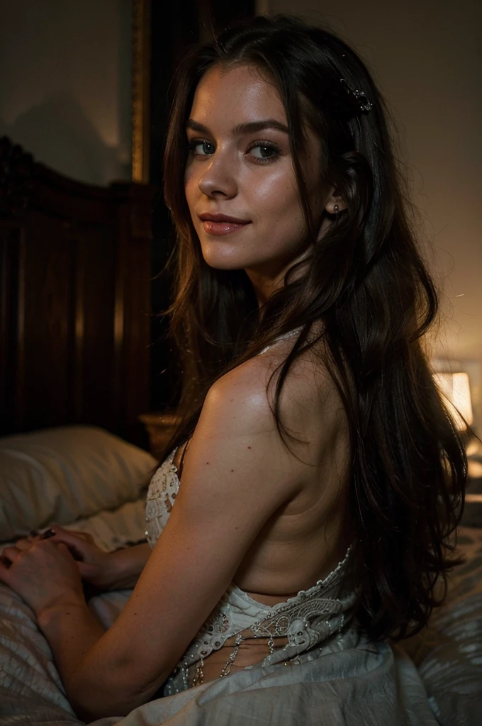 ((Best quality)), ((masterpiece)), ((highly intricate details)), beautiful lighting, 25 year old Scandinavian woman, makeup, gorgeous, very long straight hair, cute smile, from the side, posing on the bed, dark romantic atmosphere